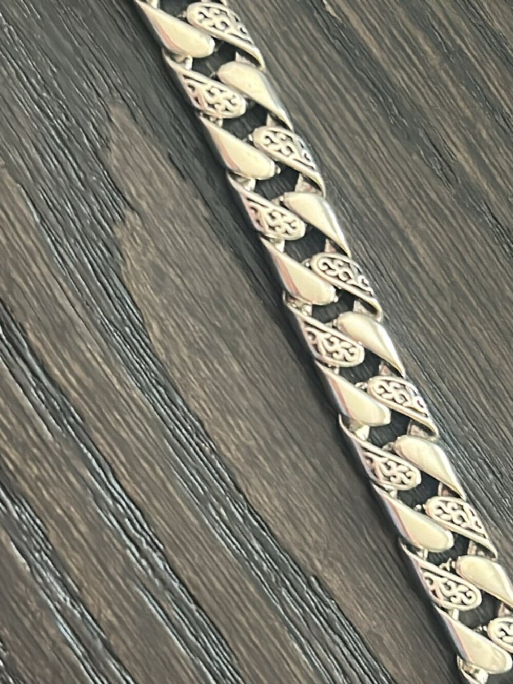 Sterling Silver Vintage Floral Carved Cuban Curb Chain Bracelet - Picture 4 of 8